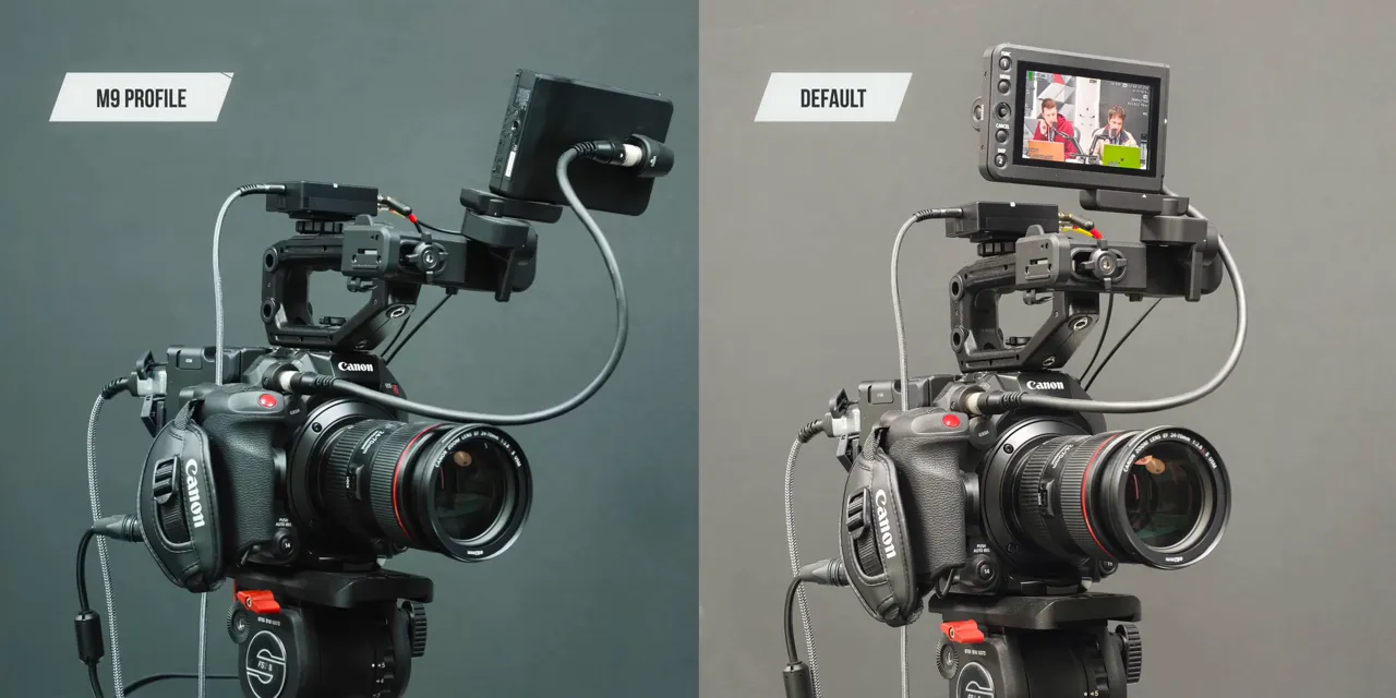 Side-by-side photographs of a cinema camera labeled M9 Profile and Vibrant