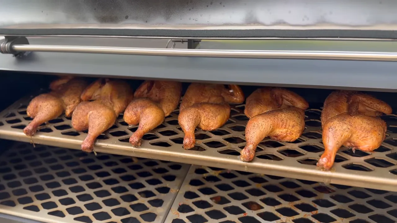 Six browned chicken halves arranged across the smoker upper rack