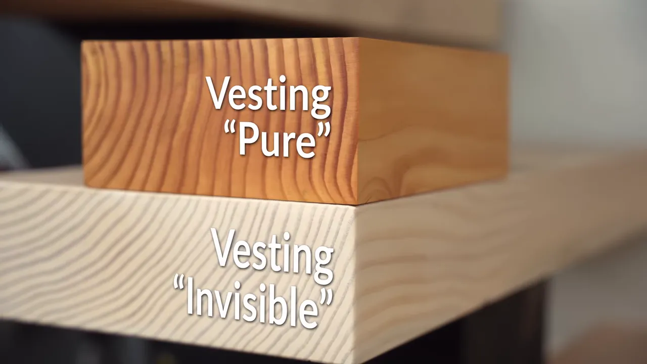 A warmer fir sample labeled Vesting Pure above a pale stair tread labeled Vesting Invisible