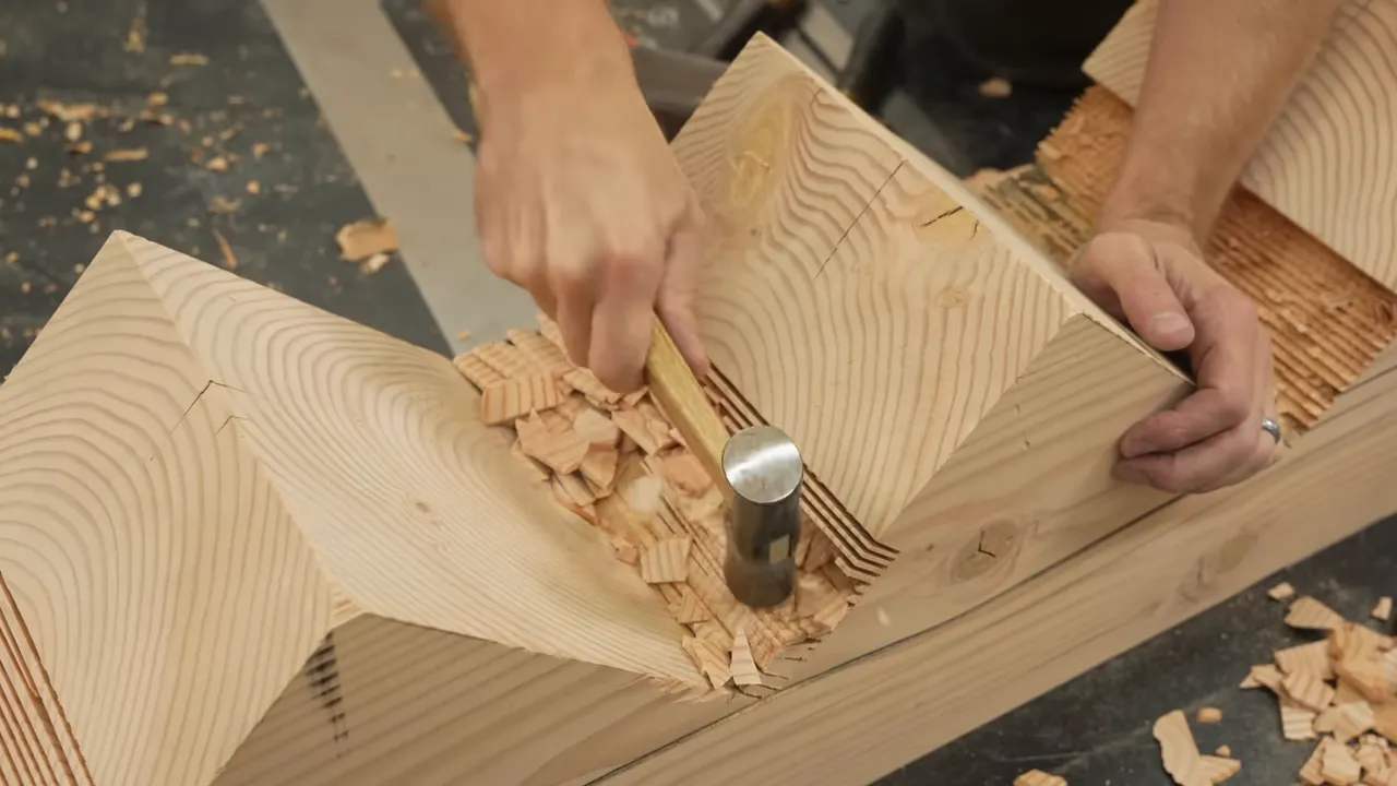 A chisel removing waste from a recessed stair seat in the timber stringer