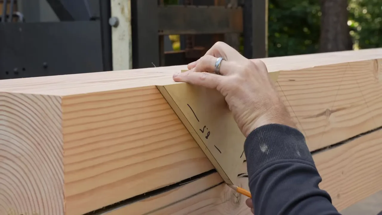 A small wooden layout jig held against the marked side of a fir beam