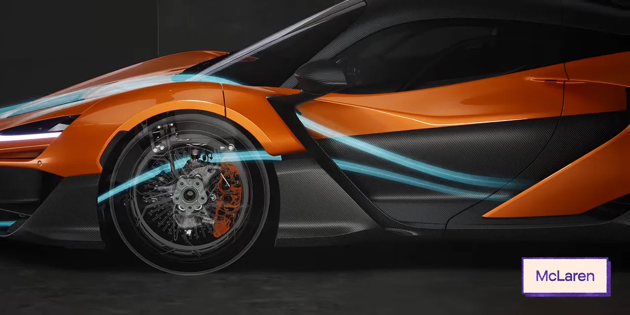 McLaren airflow visualization showing blue streams along the side of an orange W1