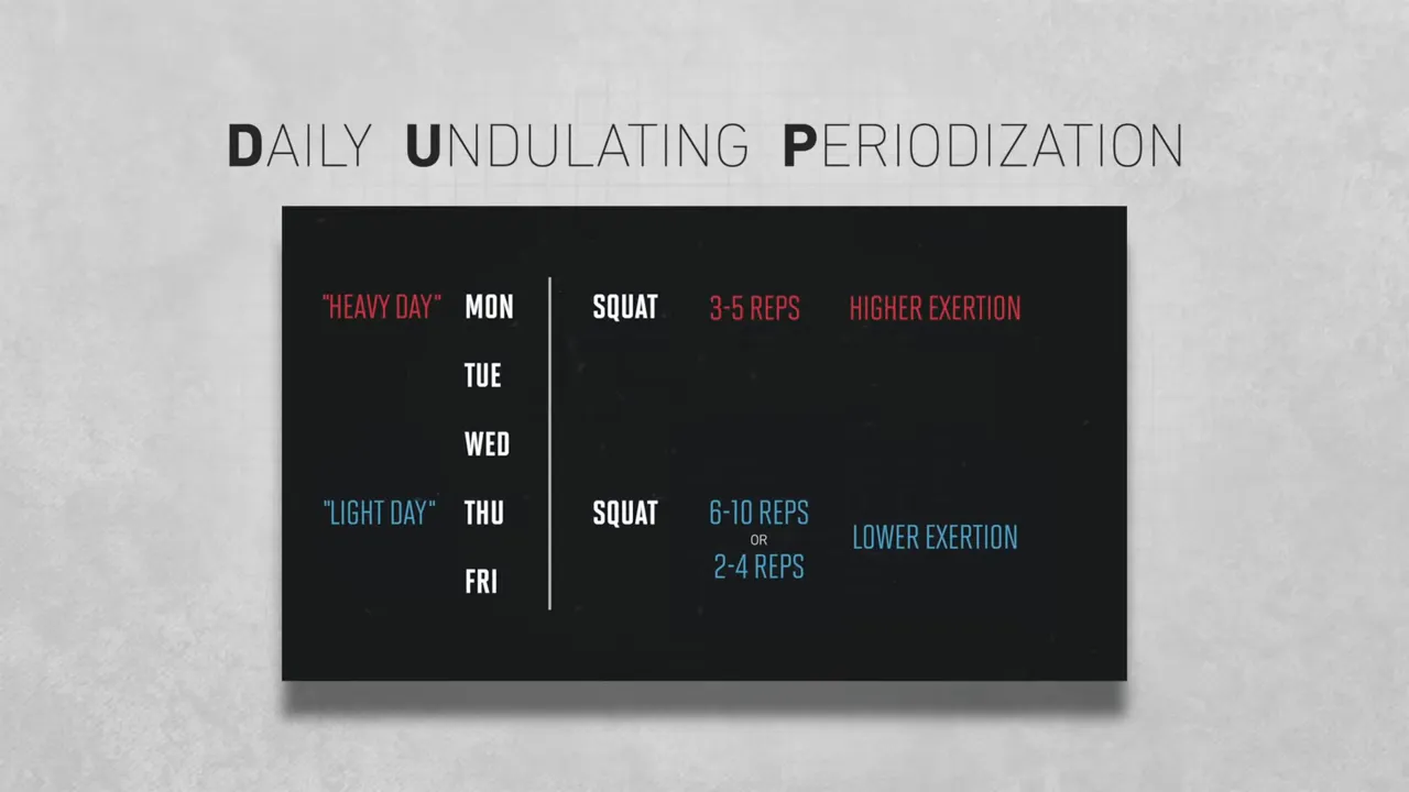 Daily undulating periodization slide showing heavy and light squat days with different rep ranges