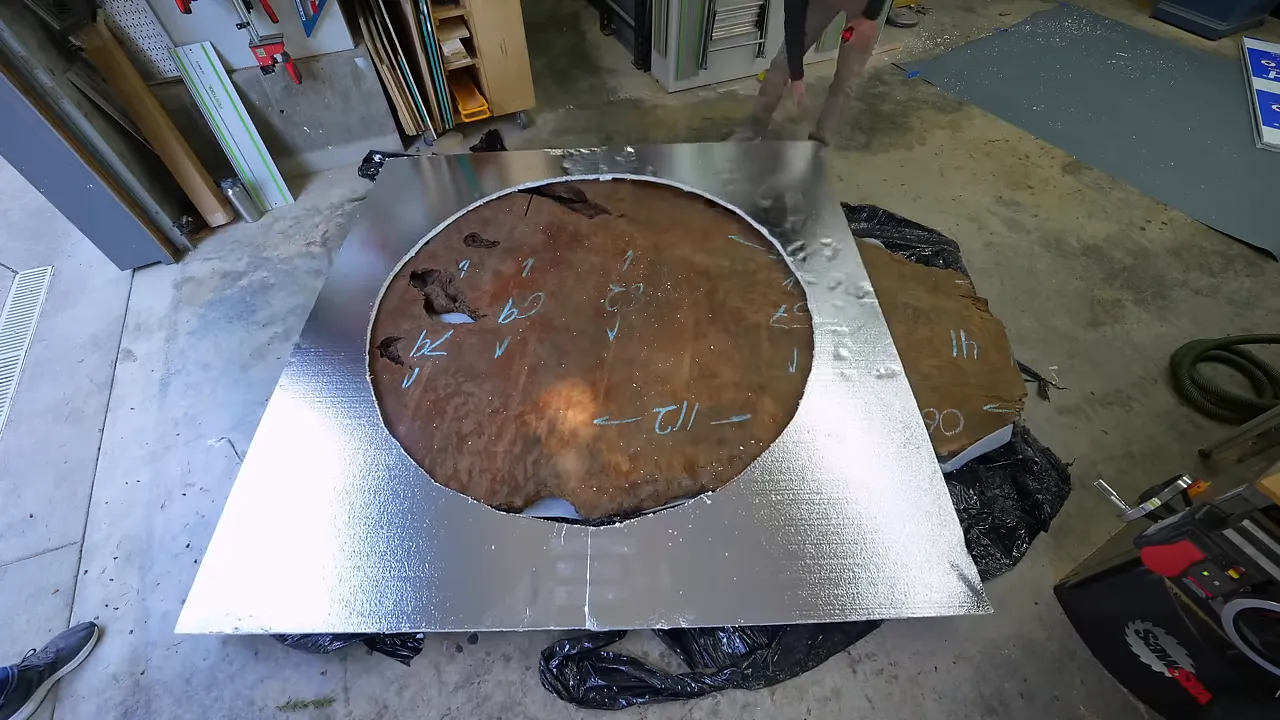 Circular opening in a large template positioned over the redwood slab