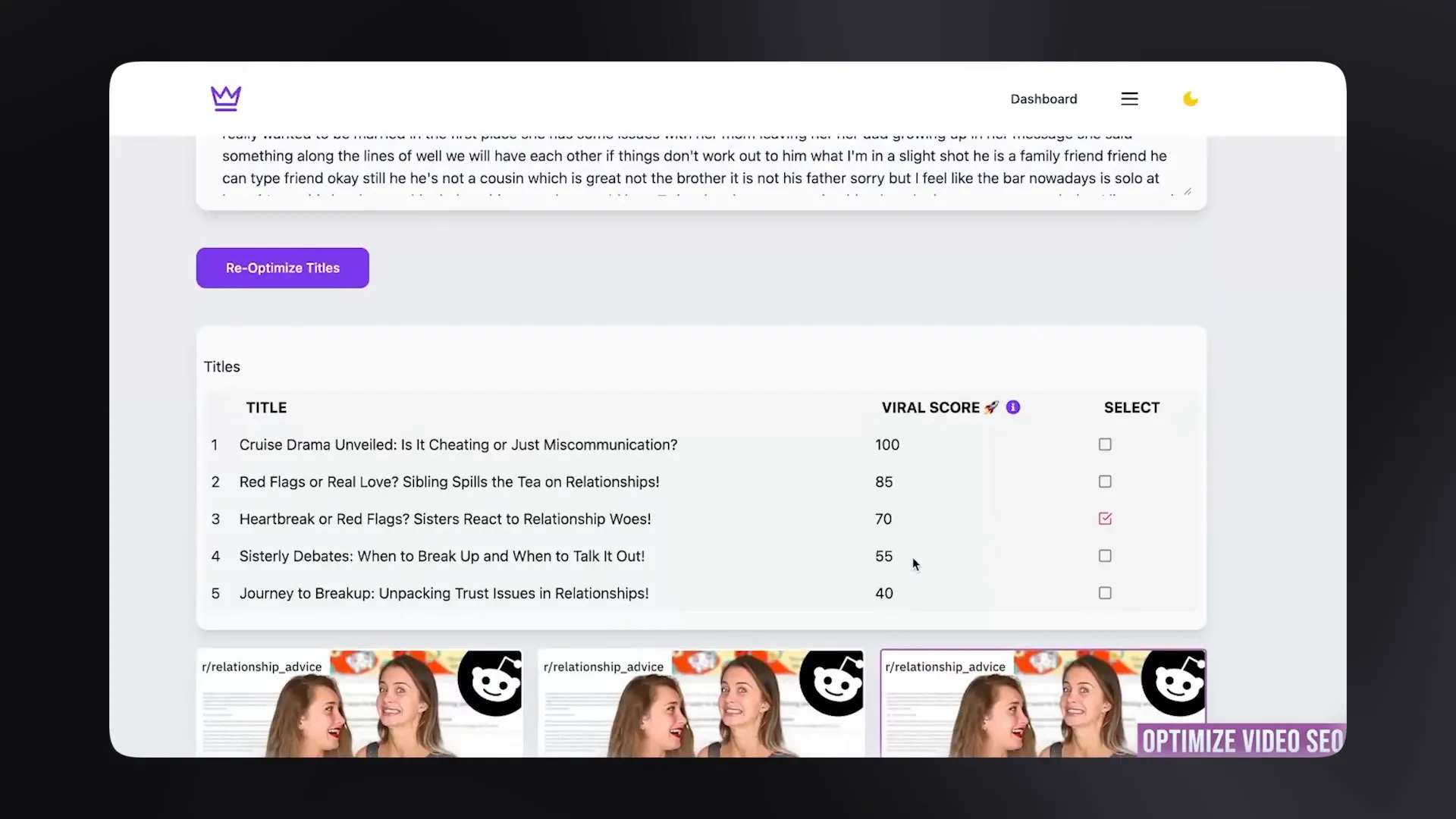 Taja AI interface showing multiple suggested video title cards and thumbnail options in a grid