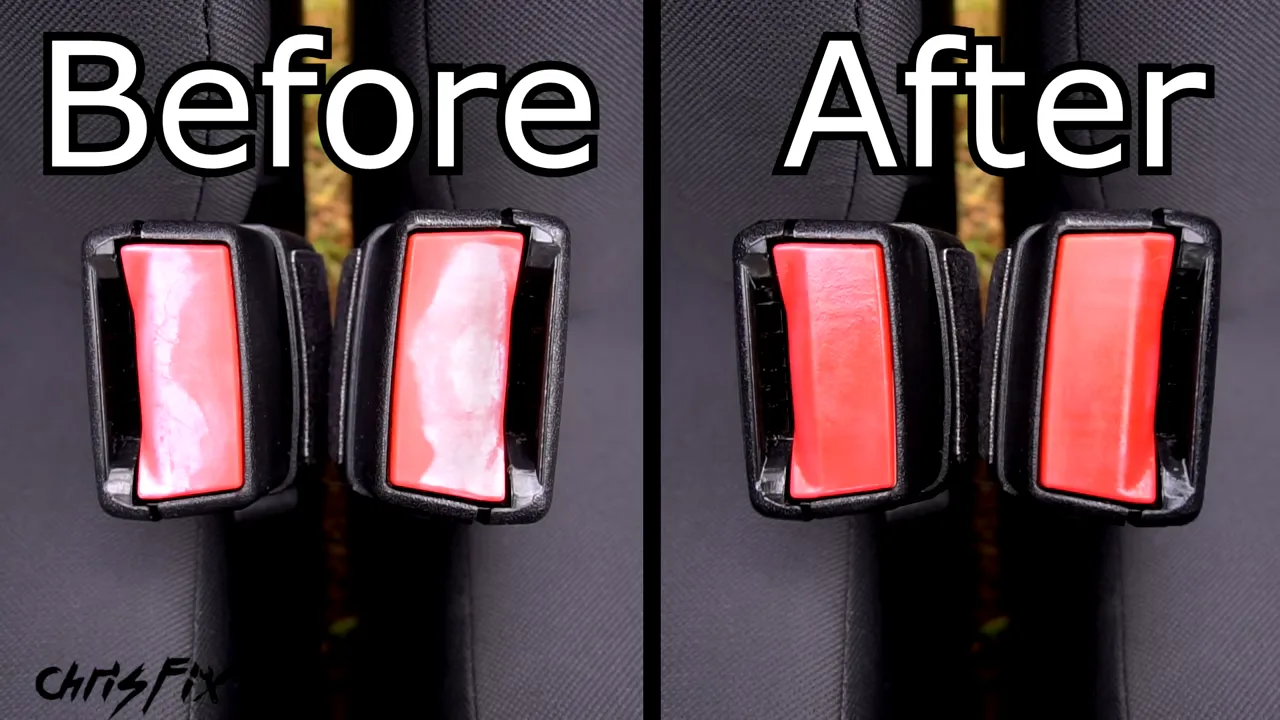 Before and after comparison of faded and cleaned red seat belt release buttons
