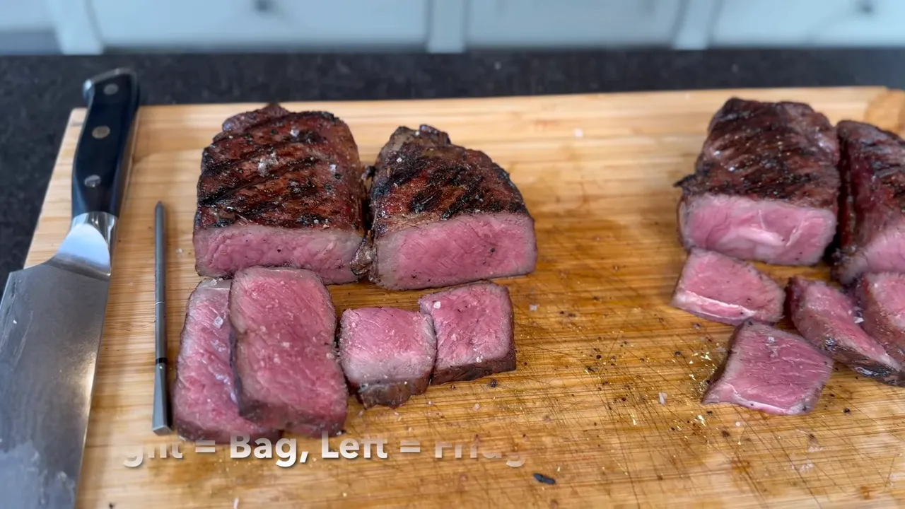 Two groups of sliced cooked steaks with pink interiors on a board labeled Right equals Bag and Left equals Fridge
