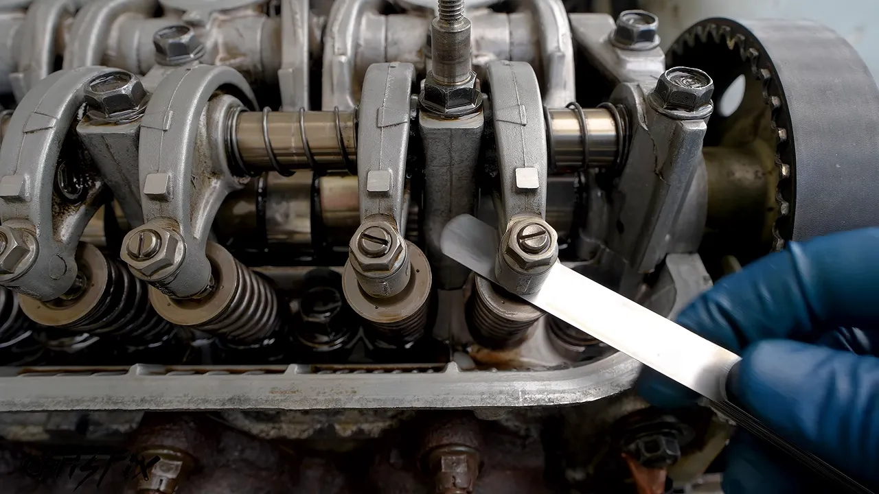 Feeler gauge blade inserted beneath a rocker arm at the valve tip