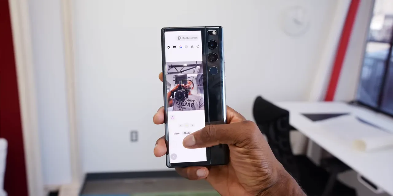 Rear of the LG rollable phone showing a camera preview beside its camera strip