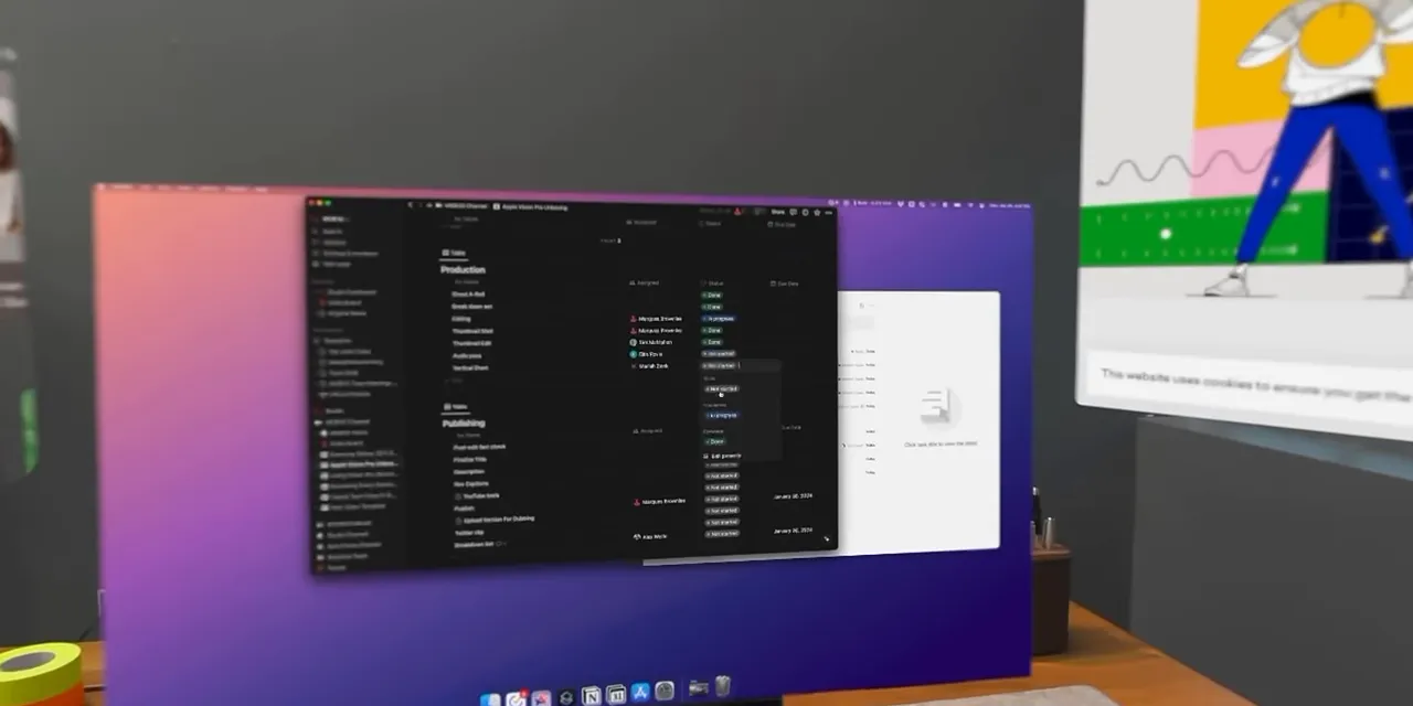 A floating Mac desktop surrounded by separate visionOS app windows above a laptop