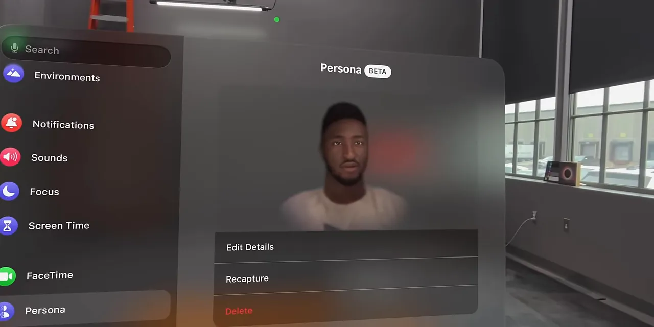 Persona settings showing a generated digital face preview in a floating window