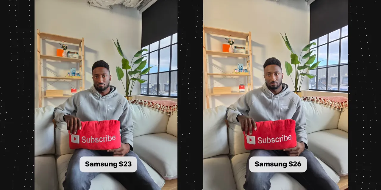 Side-by-side portraits labeled Samsung S23 and Samsung S26 with a window and plant behind the subject