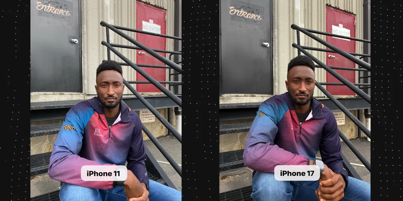 Side-by-side outdoor portraits labeled iPhone 11 and iPhone 17