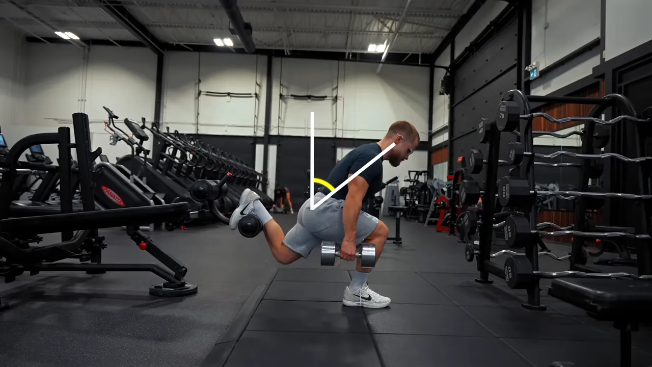 Dumbbell Bulgarian split squat with a forward torso lean and an angle overlay