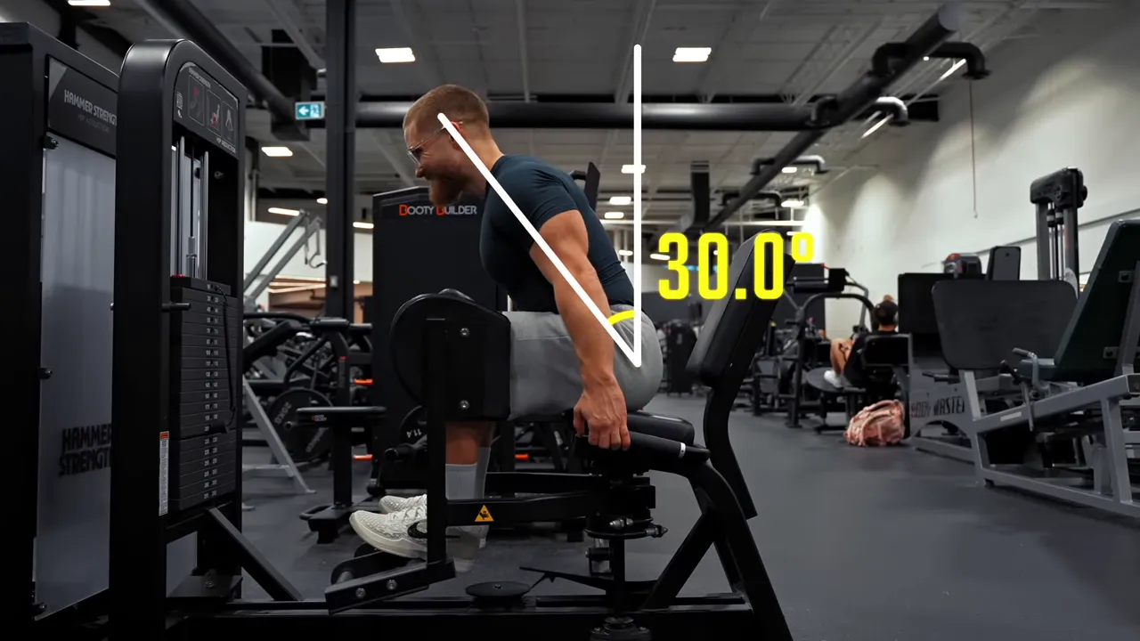 Side view of seated machine hip abduction with a 30-degree forward lean marked