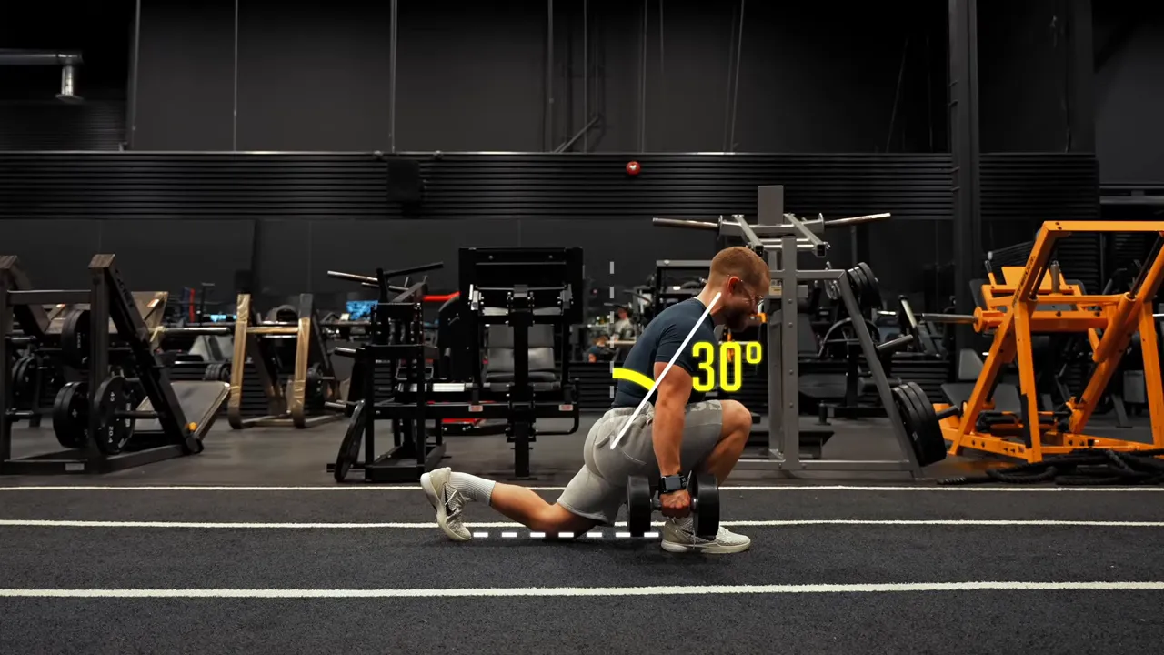 Bottom position of a dumbbell walking lunge with a 30-degree torso lean marked