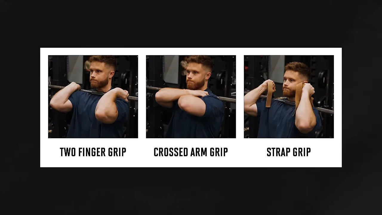 Three front squat grip options labeled two finger grip, crossed arm grip, and strap grip