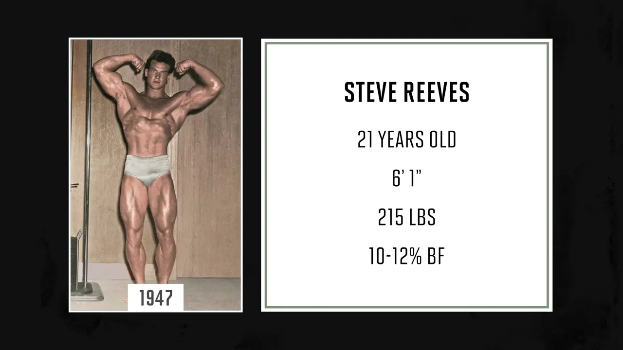 Steve Reeves posing in a 1947 photograph beside his age, height, weight, and estimated body fat