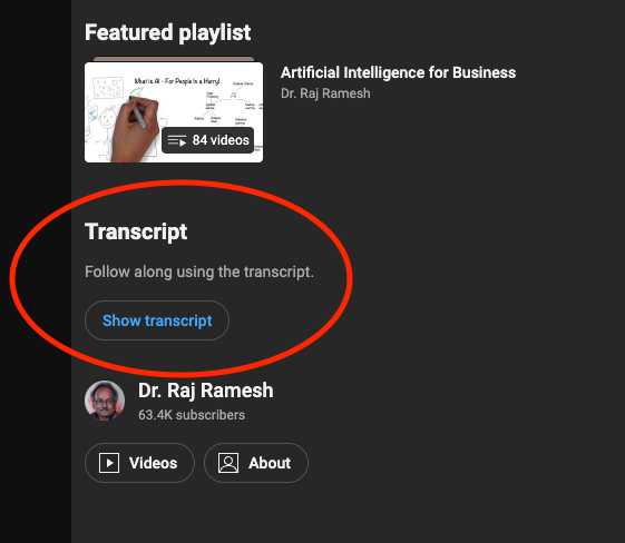 Screenshot showing the transcript button on a YouTube video