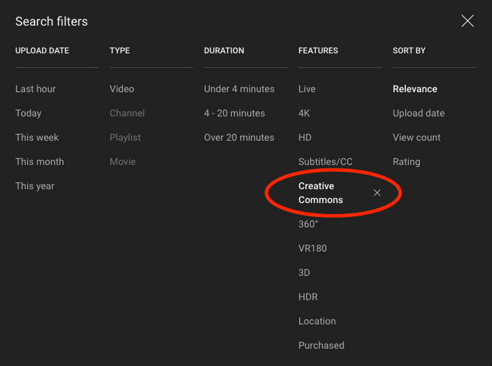 Creative Commons filter on YouTube