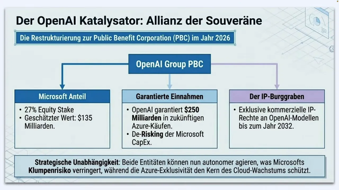 Infografik zur Rolle von OpenAI als Katalysator: Microsoft-Anteile, garantierte Azure-Einnahmen und exklusive IP-Rechte bis 2032