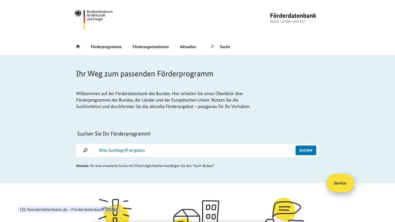 Startseite der Förderdatenbank des Bundes für die Suche nach Förderprogrammen