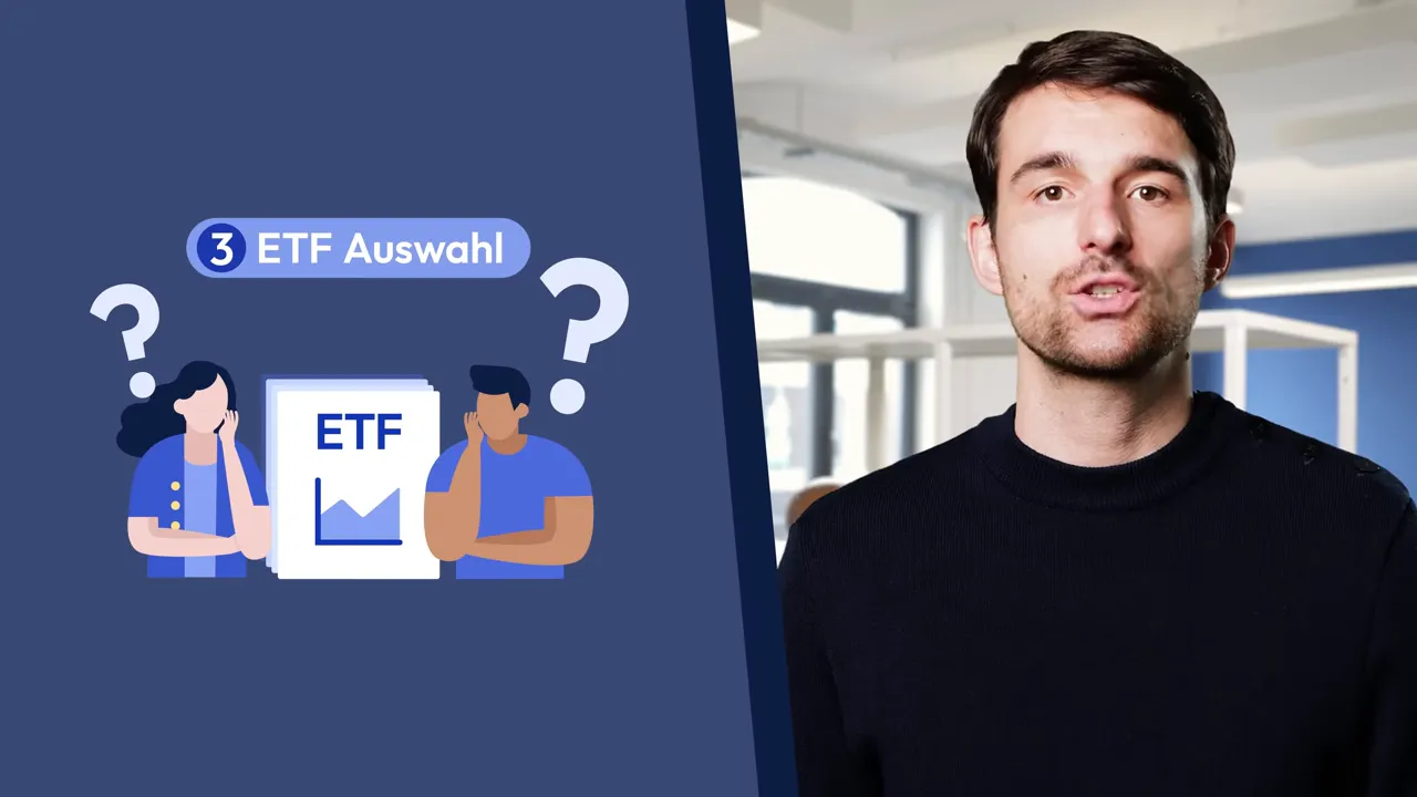 Moderator neben Illustration '3 ETF Auswahl' mit ETF‑Symbol und Fragezeichen, klare Grafik