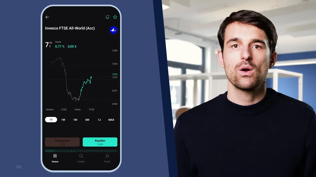Smartphone‑Ansicht der ETF‑Detailseite Invesco FTSE All‑World (Acc) mit Chart und Kaufen‑Button