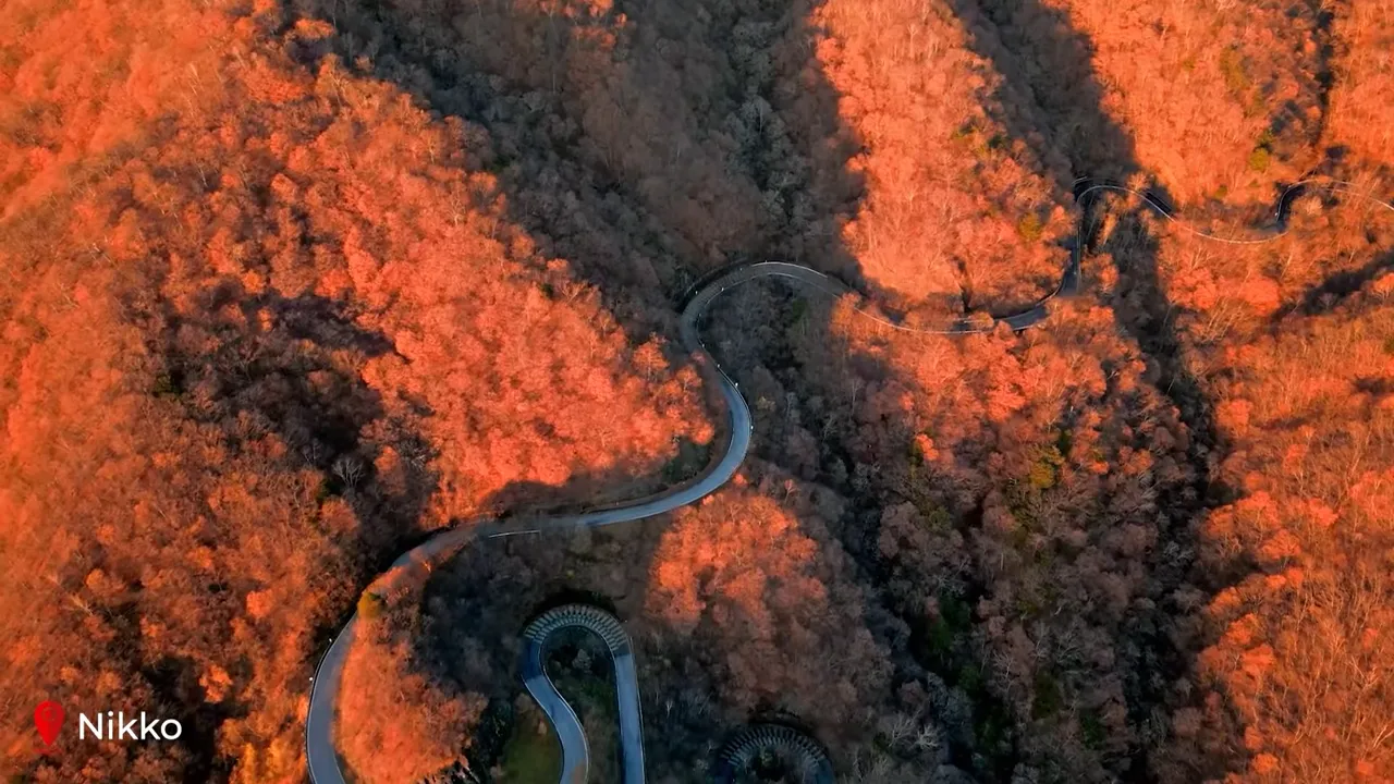 Aerial view of Nikko valley in autumn with bright red and orange foliage framing a winding mountain road
