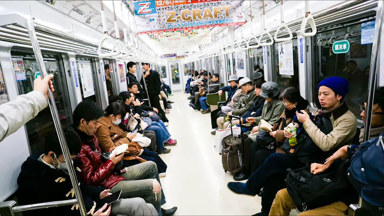 Interior of a Japanese commuter train with seated passengers quietly using phones, reading and wearing masks