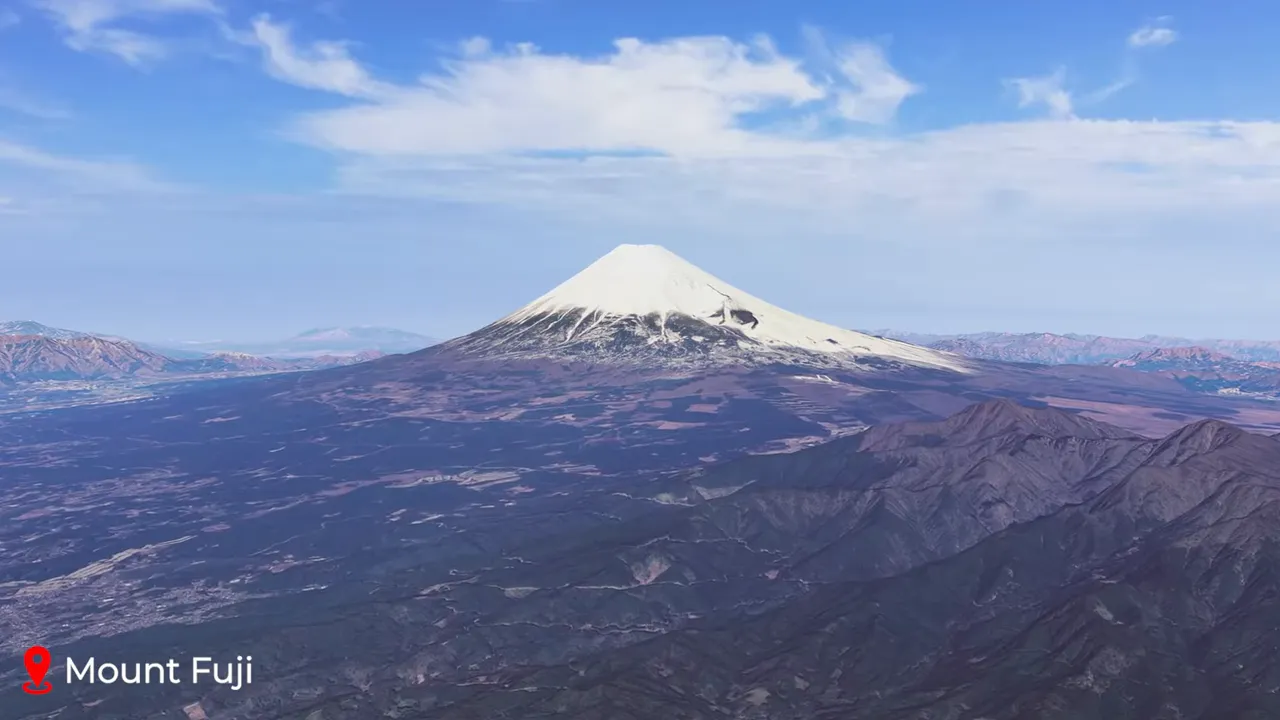 Wide aerial shot of Mount Fuji with snow-capped summit and clear blue sky, showing surrounding volcanic terrain