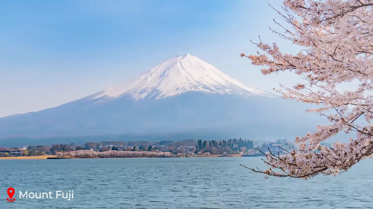 Snow-capped Mount Fuji rising above Lake Kawaguchi with pink cherry blossom branches framing the right foreground under a clear blue sky.