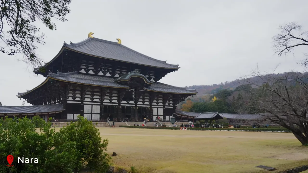Wide view of Todai‑ji Great Buddha Hall in Nara with lawn and surrounding trees