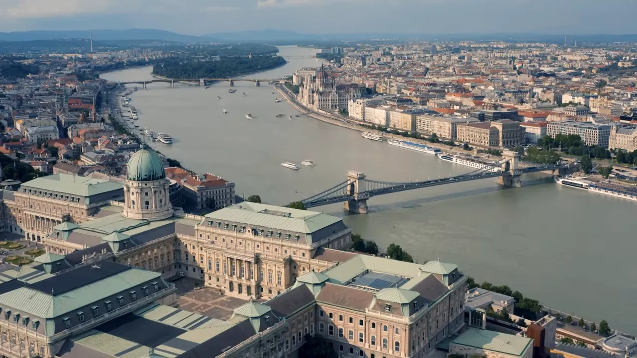 Aerial view of Budapest with the Danube River, the Chain Bridge and the Hungarian Parliament building.