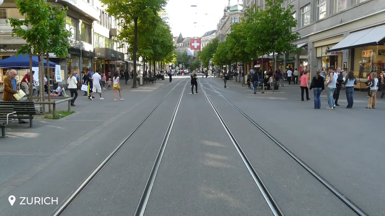 Street-level view down a Zurich shopping street with tram tracks, pedestrians and trees