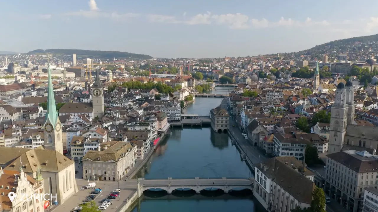 Aerial view of Zurich showing the Limmat River, bridges and historic old town with church spires