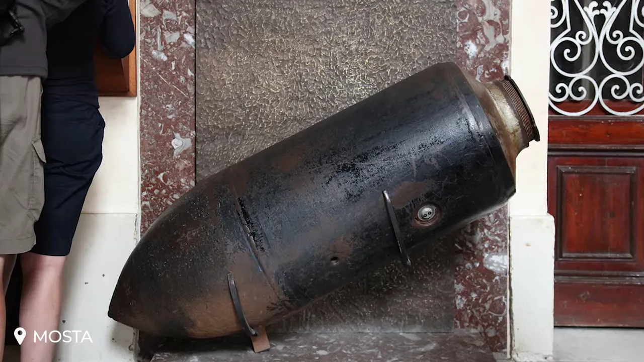 Replica of the unexploded German bomb recovered from the Mosta Rotunda displayed inside the church