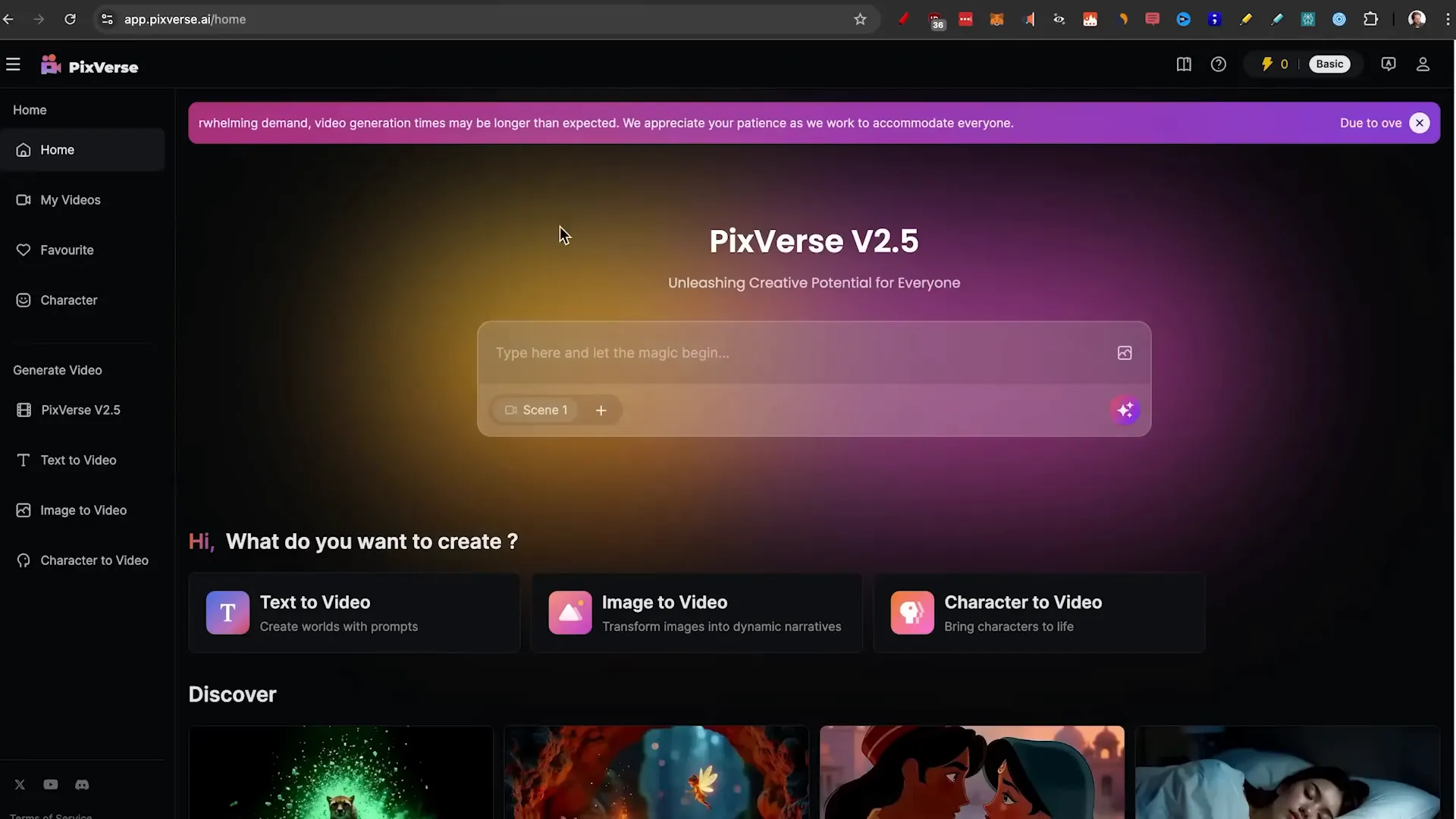 Entering Pixverse to generate videos