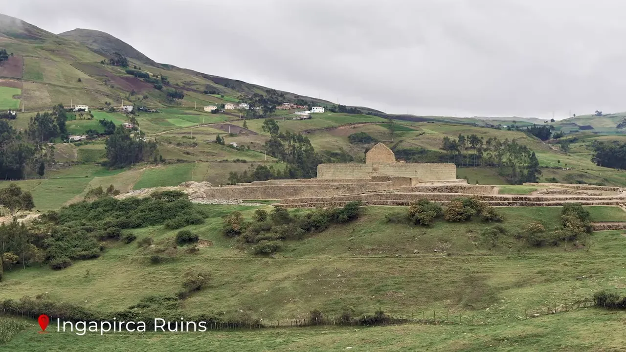Panoramic landscape of the Ingapirca ruins and Temple of the Sun on grassy Andean slopes