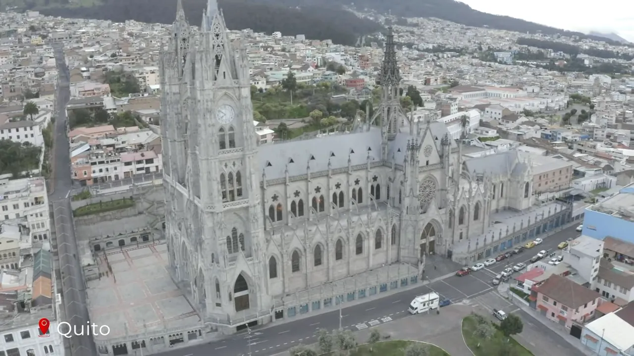 Wide aerial shot of Basílica del Voto Nacional with Quito urban landscape in background