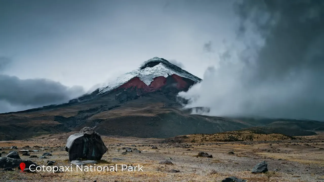 Snow-capped Cotopaxi volcano cone with red volcanic slopes and low clouds over rocky paramo