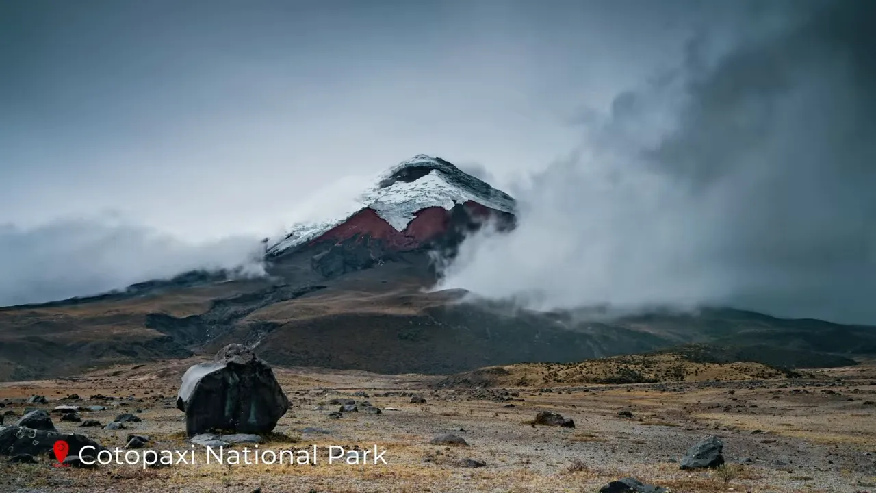 Dramatic view of Cotopaxi volcano with glacier-capped summit, red slopes and clouds over open paramo