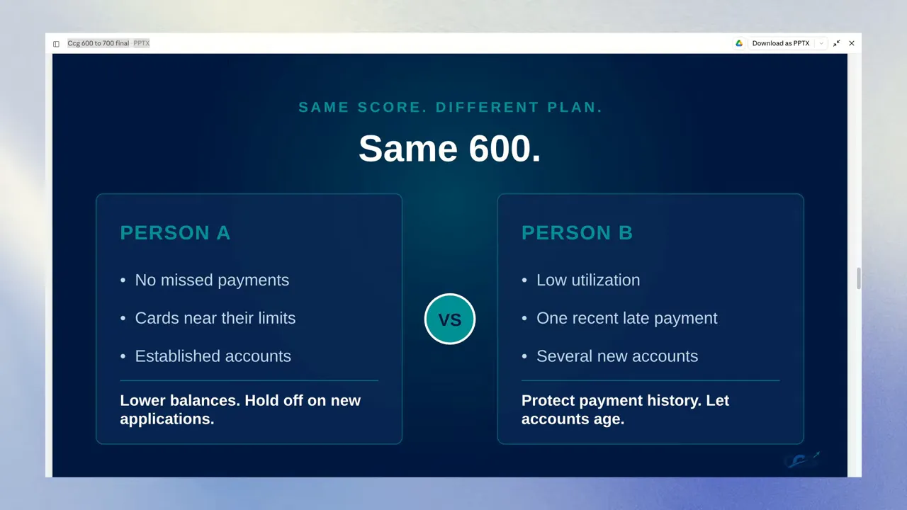 Slide comparing two people with the same 600 credit score, one with high card balances and the other with a recent late payment and new accounts