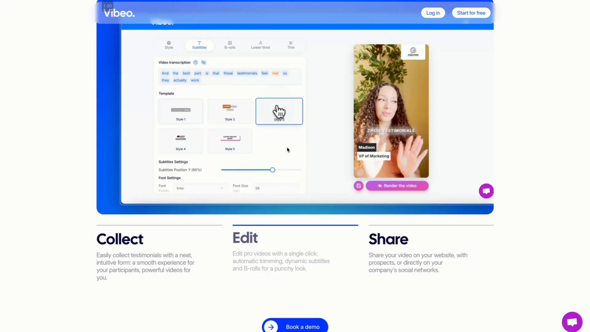 Vibeo user interface showing video editing features