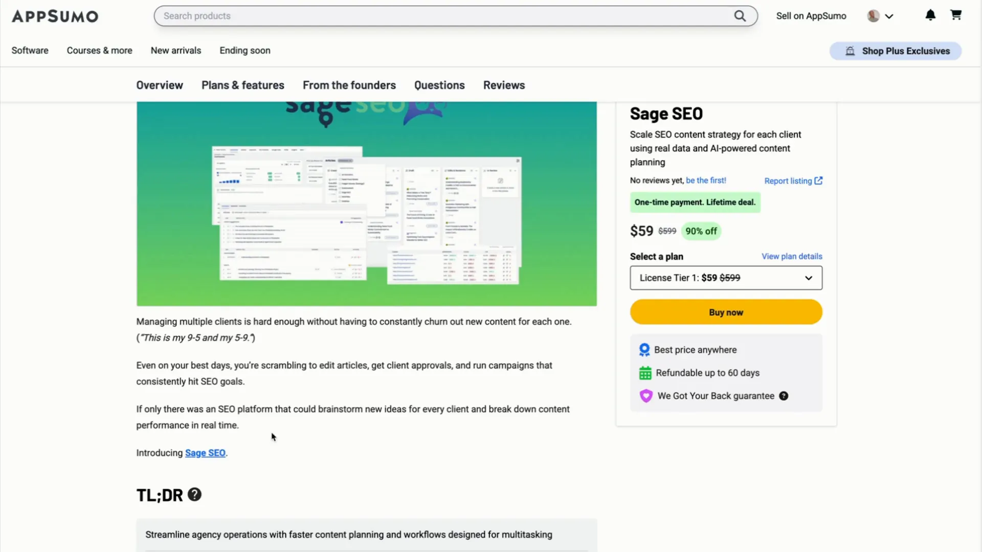 Dashboard overview of Sage SEO