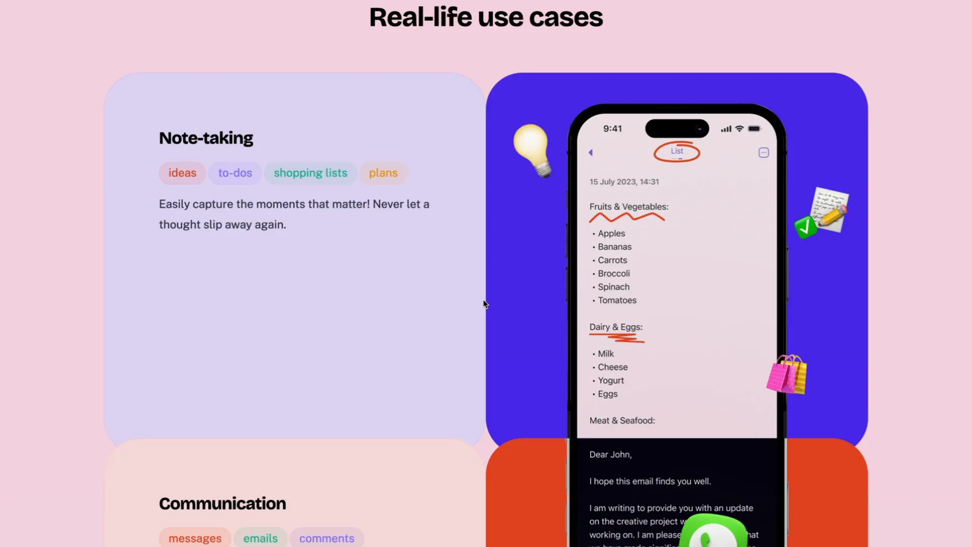 Screenshot of Letterly's organized transcription feature