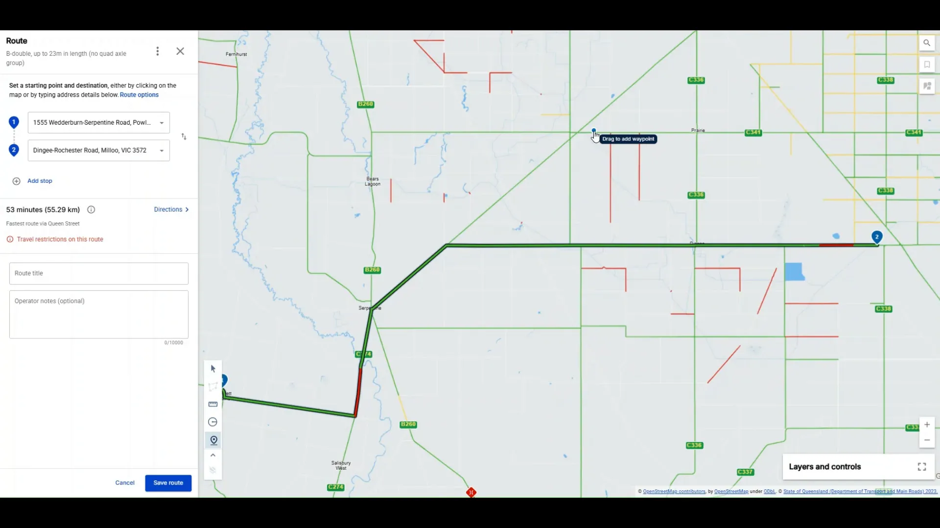 Route planning interface showing estimated time and distance