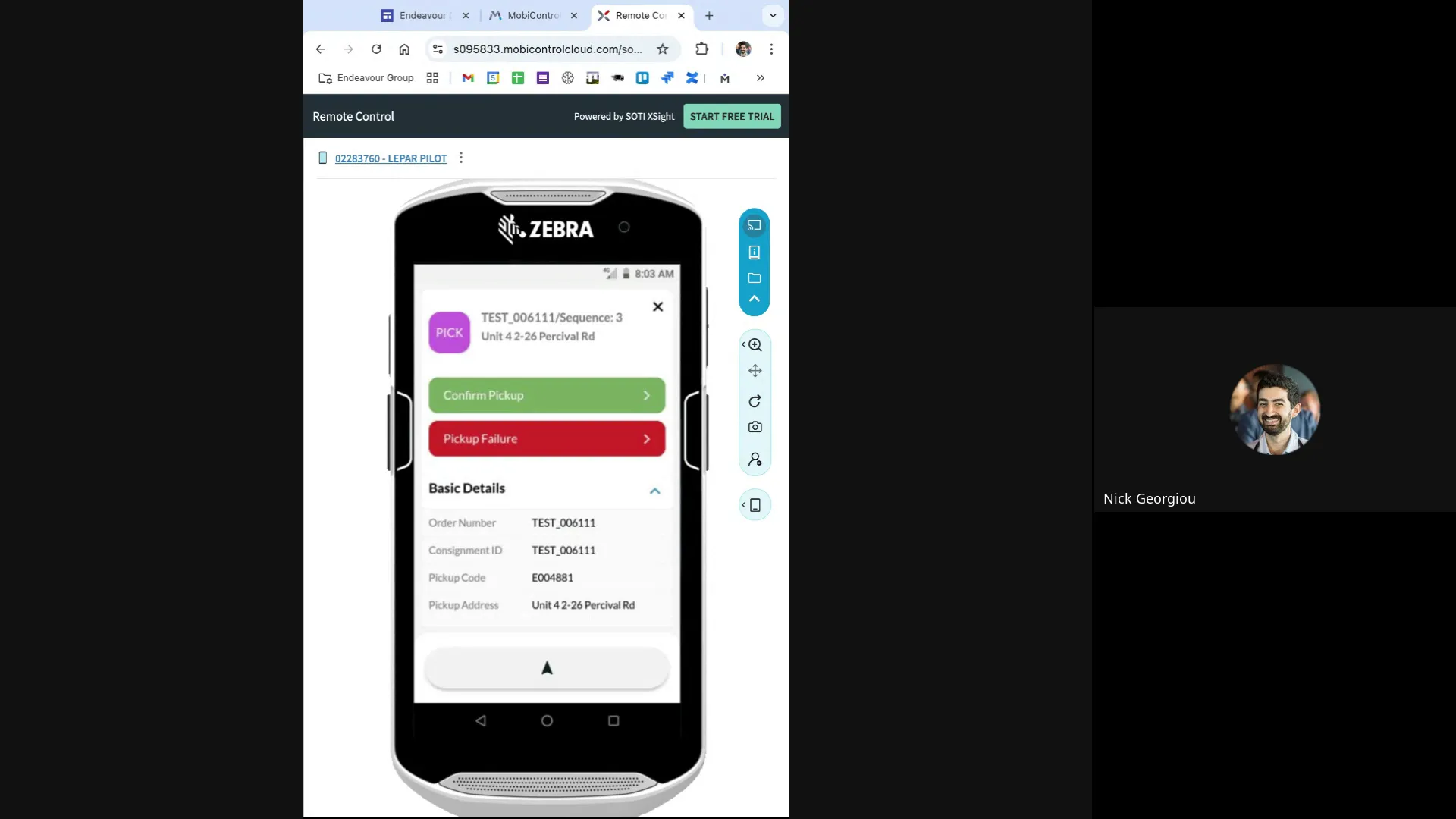 Pickup confirmation screen in Fareye app