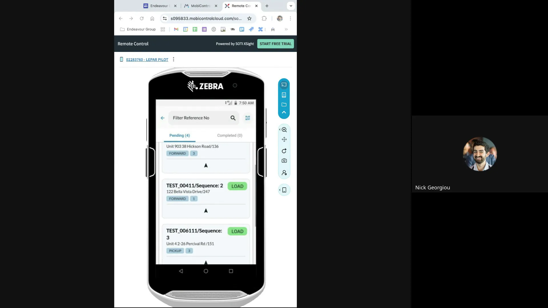 Loading tab showing pending and completed consignments