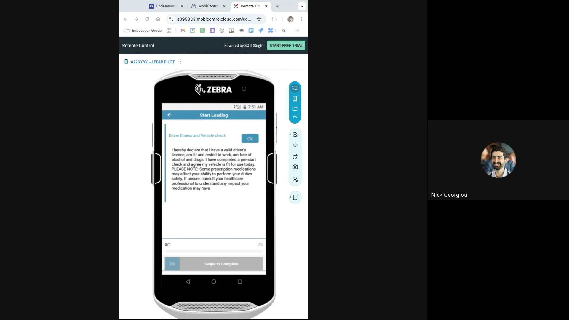 Start loading and vehicle check disclaimer on Fareye app